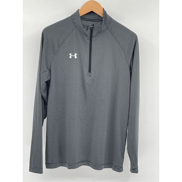 Under Armour 1/4‎ Zip Shirt Cold Gear Men Medium Gray Black Striped Long Sleeve - Picture 1 of 13
